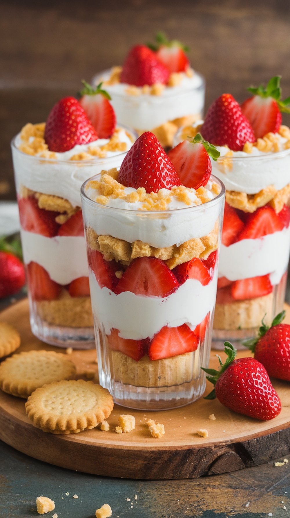 Delicious strawberry shortcake parfaits in clear glasses, layered with strawberries, whipped cream, and crumbled cookies.