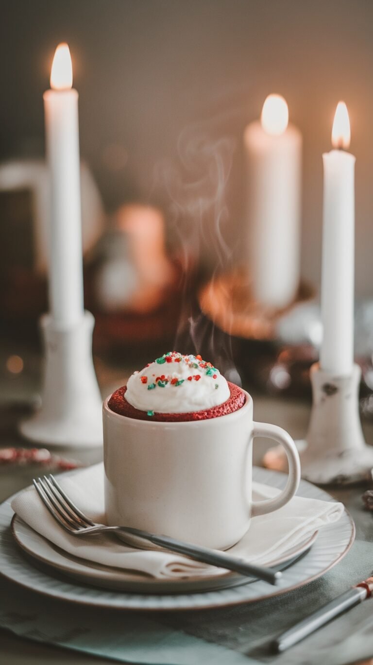A steaming red velvet mug cake topped with whipped cream and colorful sprinkles, surrounded by candles.