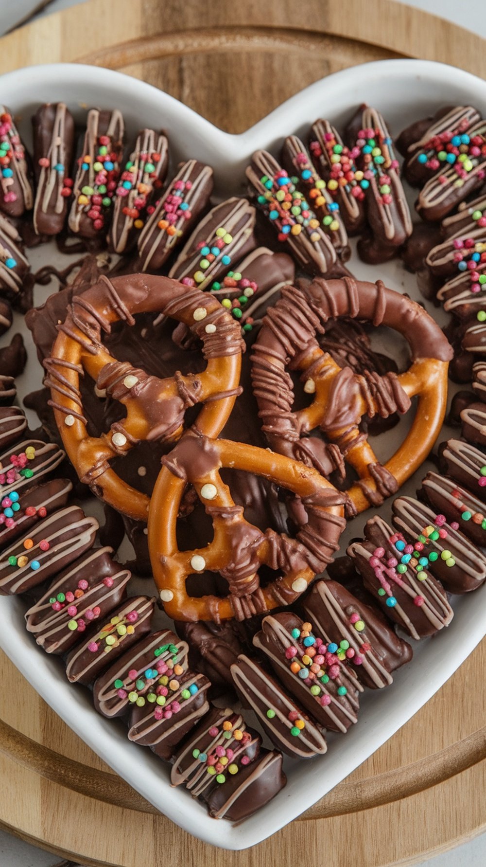 A heart-shaped dish filled with chocolate-covered pretzels and cookies, decorated with colorful sprinkles.