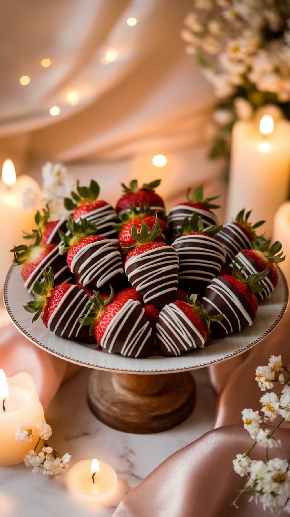 A platter of chocolate-dipped strawberries decorated with white chocolate drizzle, surrounded by candles and flowers.