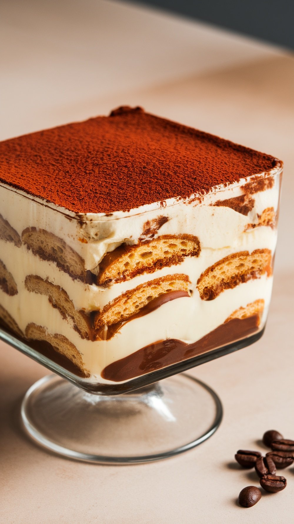 A delicious serving of tiramisu in a glass dish, featuring layers of coffee-soaked ladyfingers and creamy mascarpone, topped with cocoa powder.