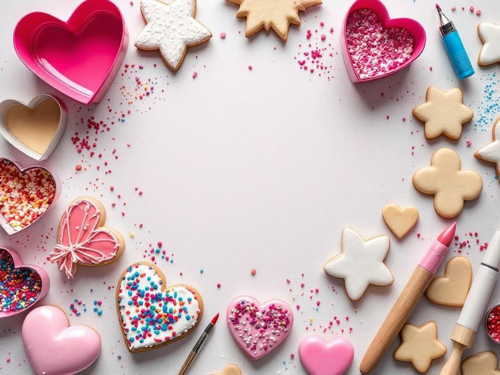 Decorated Valentine's Day sugar cookies with sprinkles and icing in heart and star shapes.