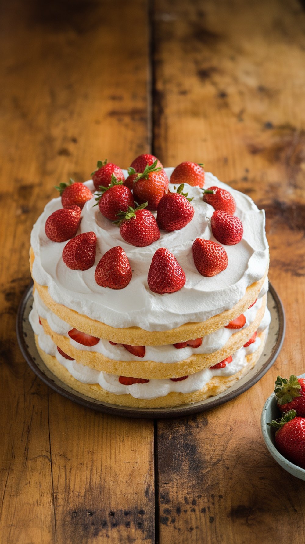 A beautiful strawberry shortcake topped with fresh strawberries and whipped cream on a wooden table.