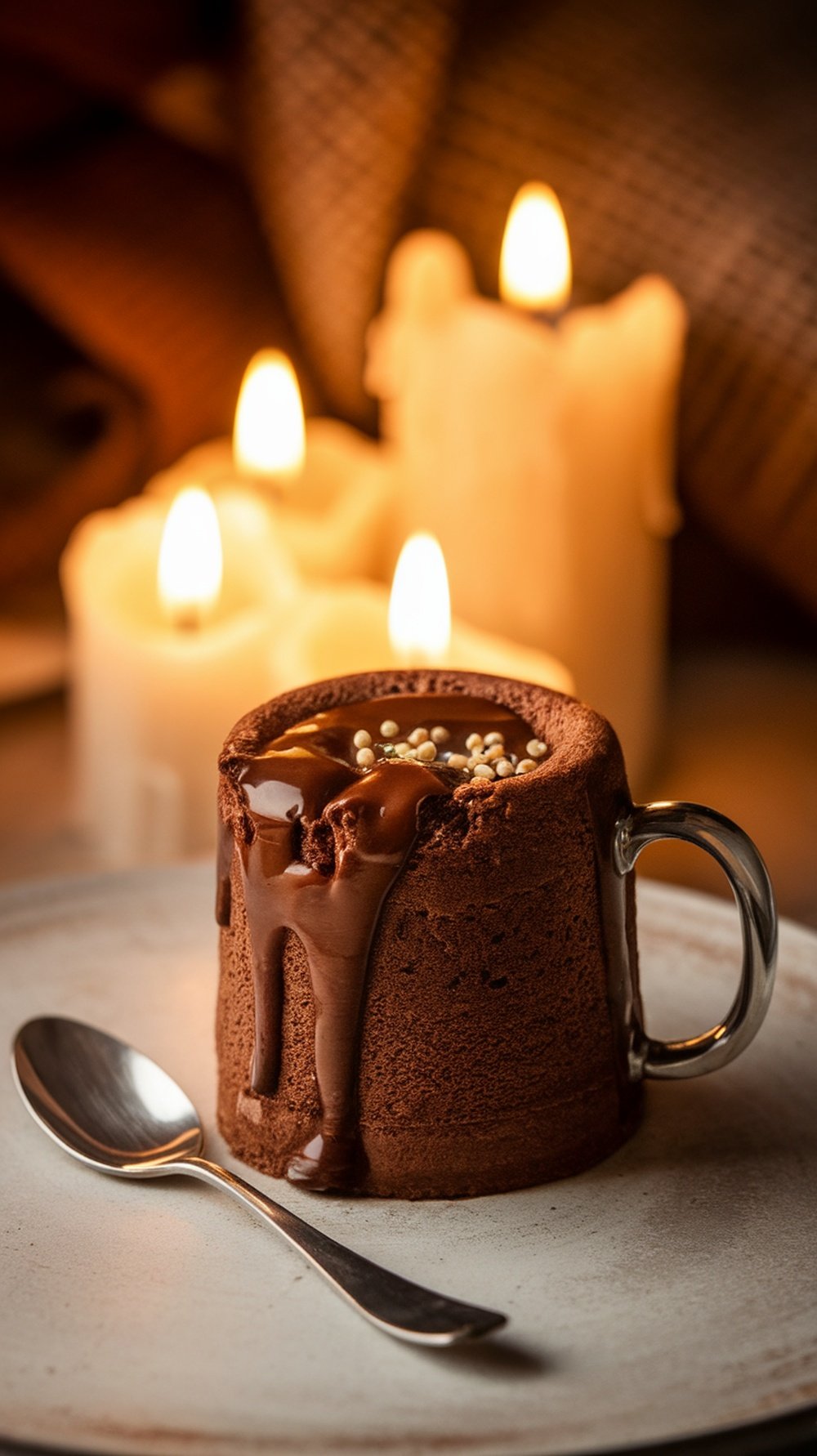 A molten chocolate mug cake with chocolate dripping down the sides, placed beside lit candles.