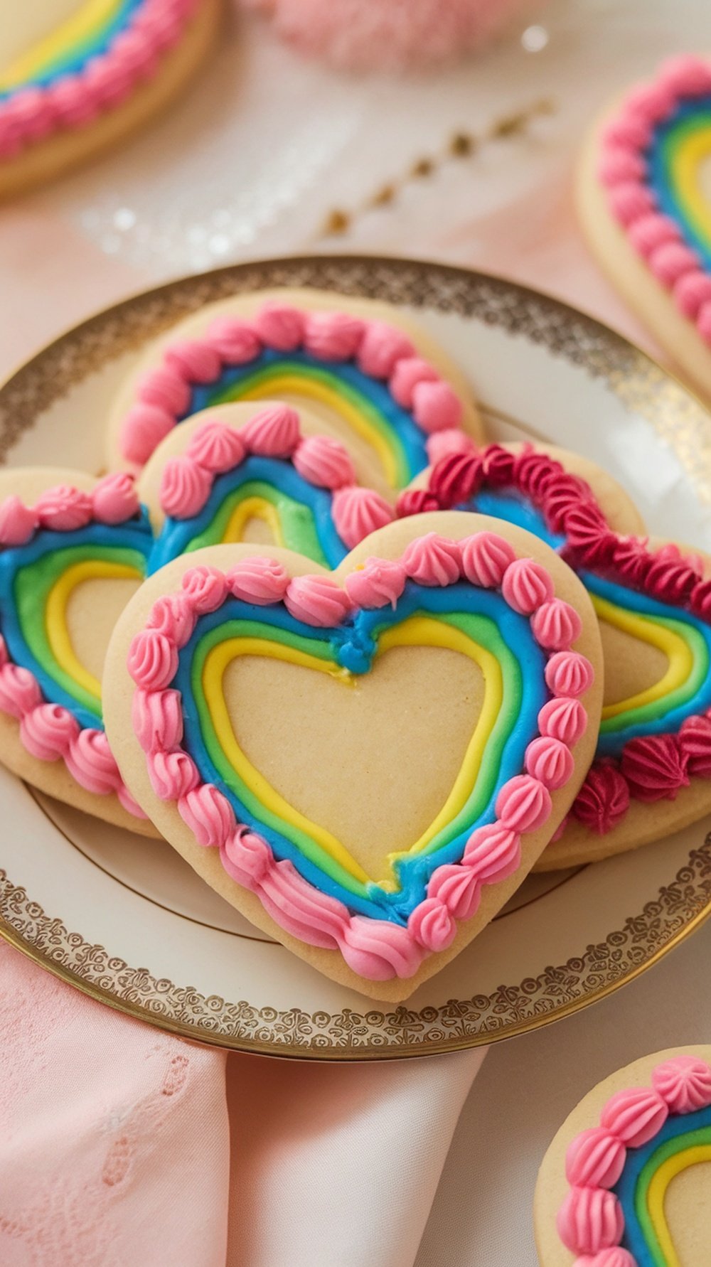 Heart-shaped sugar cookies decorated with colorful royal icing on a decorative plate.