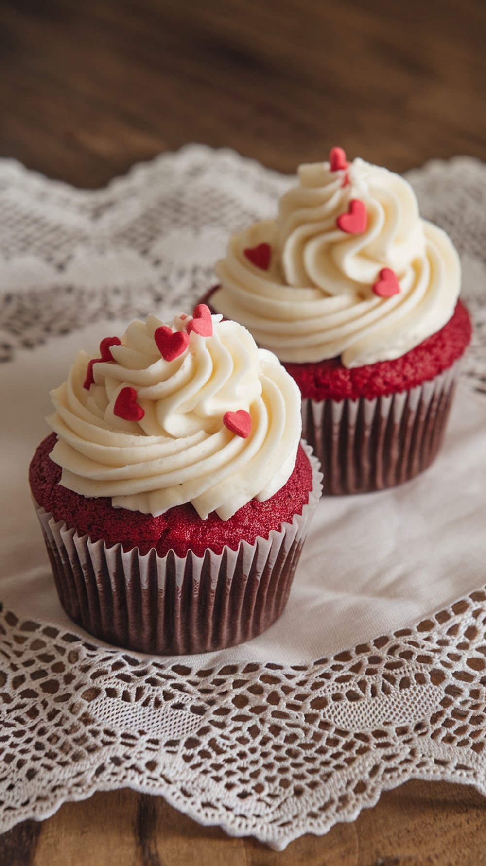 Two red velvet cupcakes with cream cheese frosting and heart-shaped sprinkles on a lace doily.