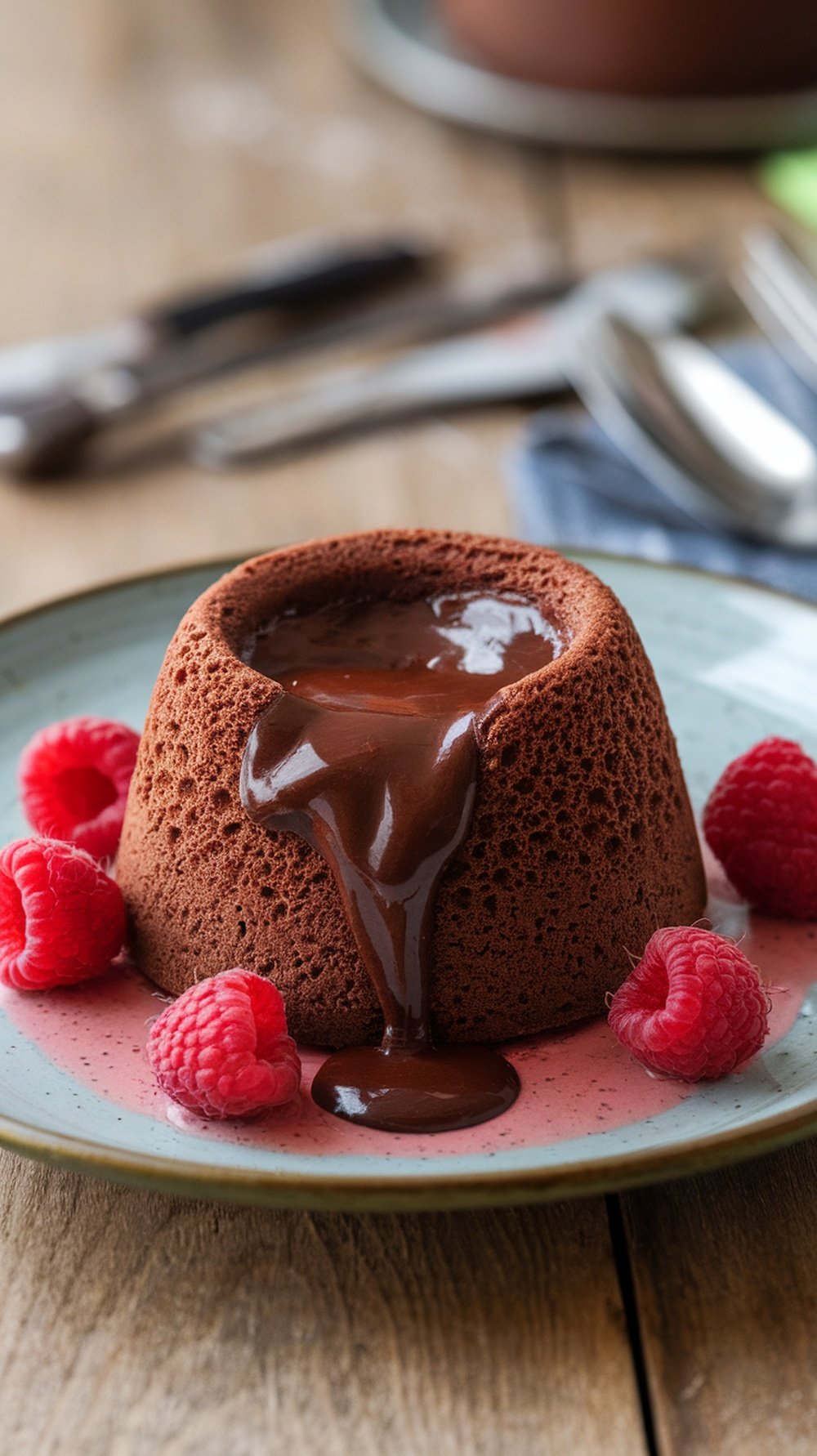 Chocolate lava cake with raspberry sauce and fresh raspberries on a plate