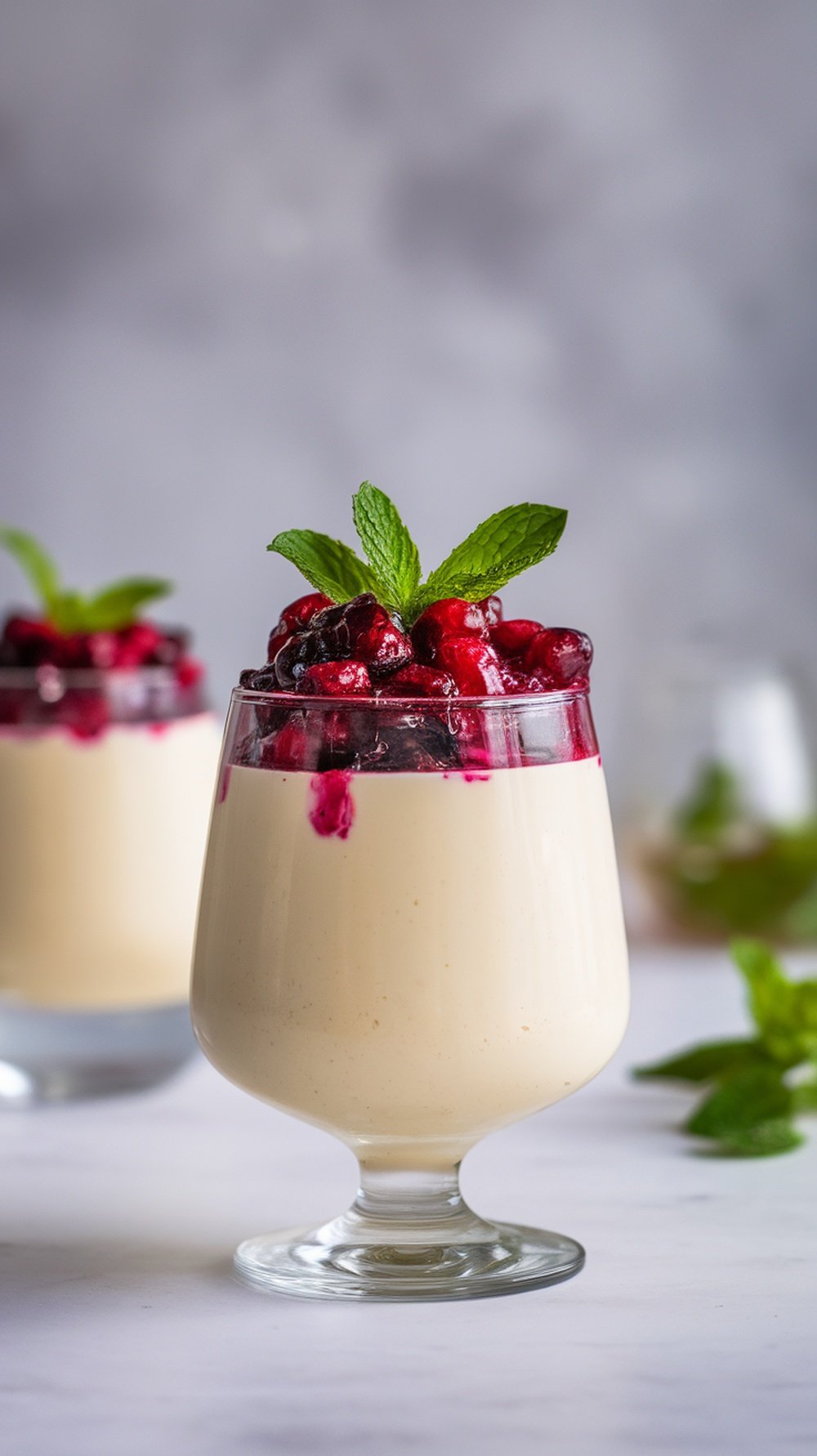 A glass of vanilla bean panna cotta topped with berry compote and mint leaves.