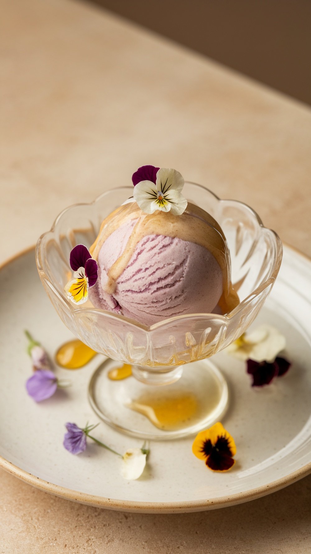 A bowl of lavender honey ice cream topped with edible flowers and honey drizzle.