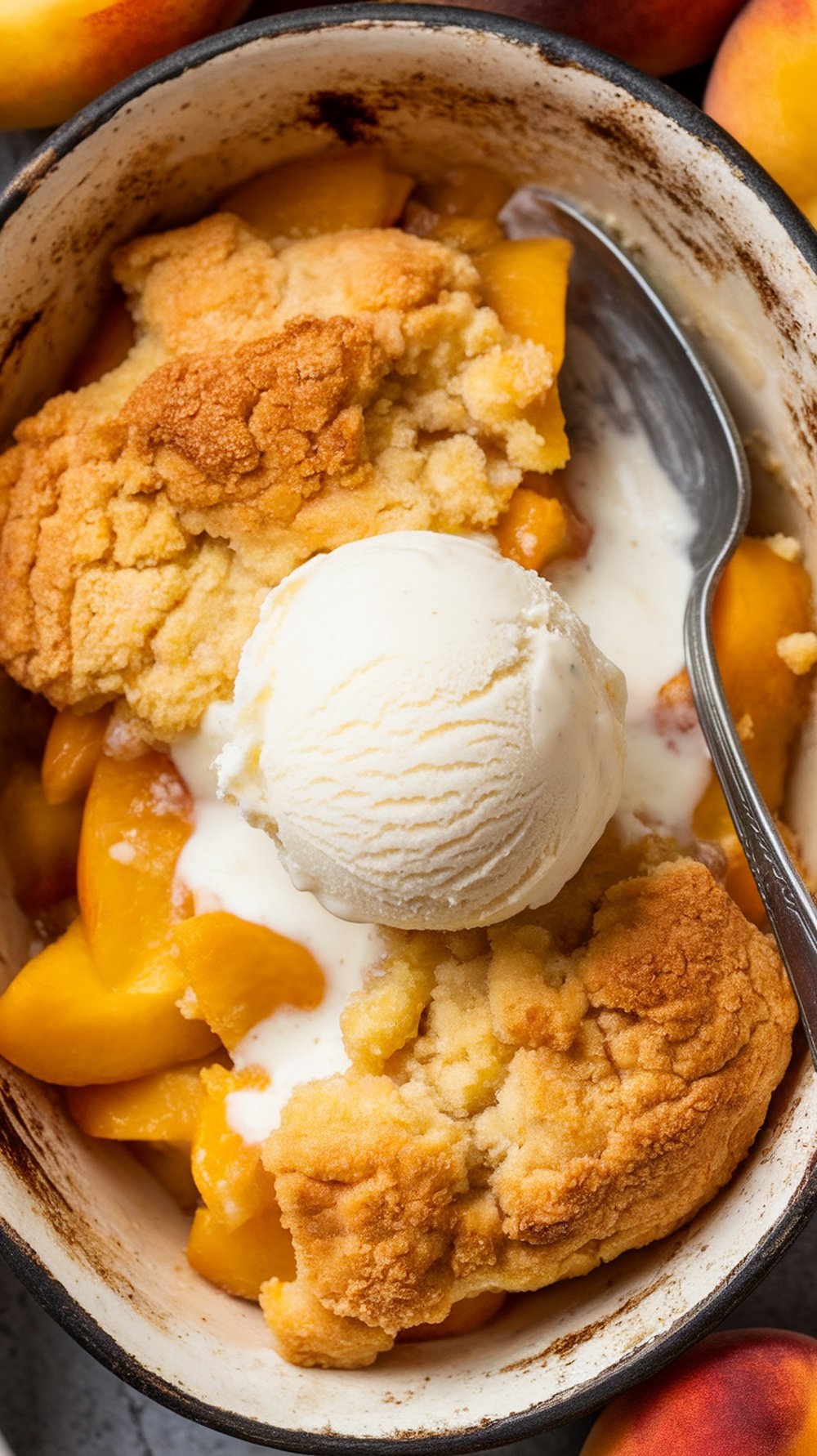 A warm peach cobbler topped with vanilla ice cream in a baking dish.