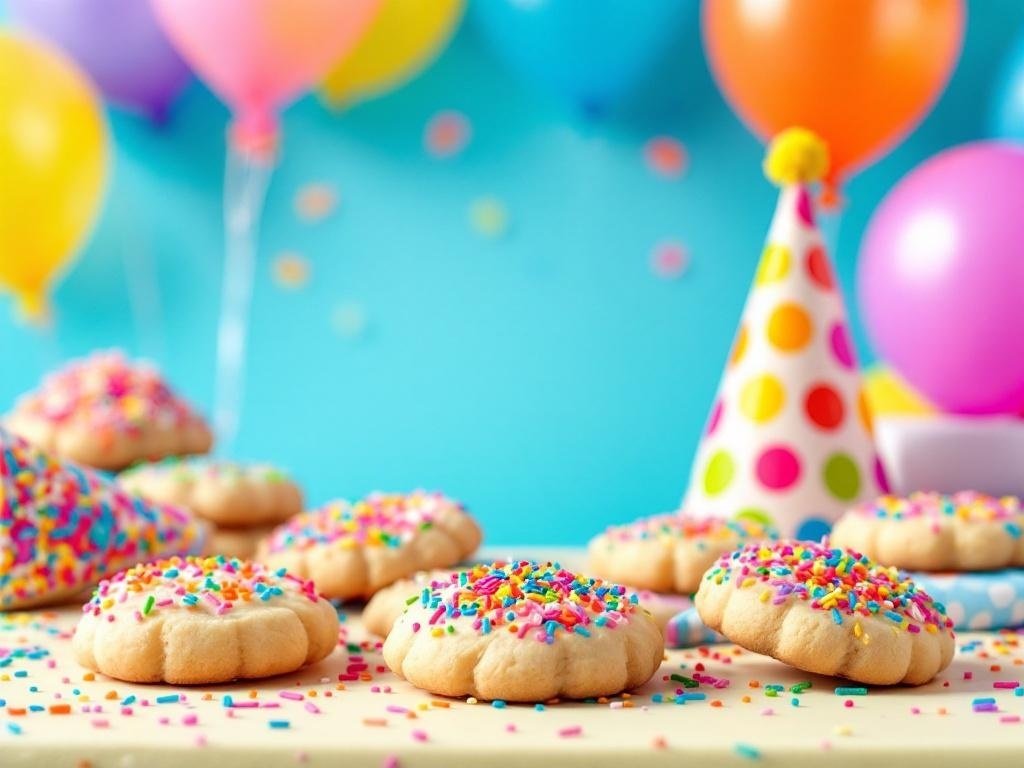 Colorful sprinkle-laden sugar cookies on a festive table with balloons and party hats.