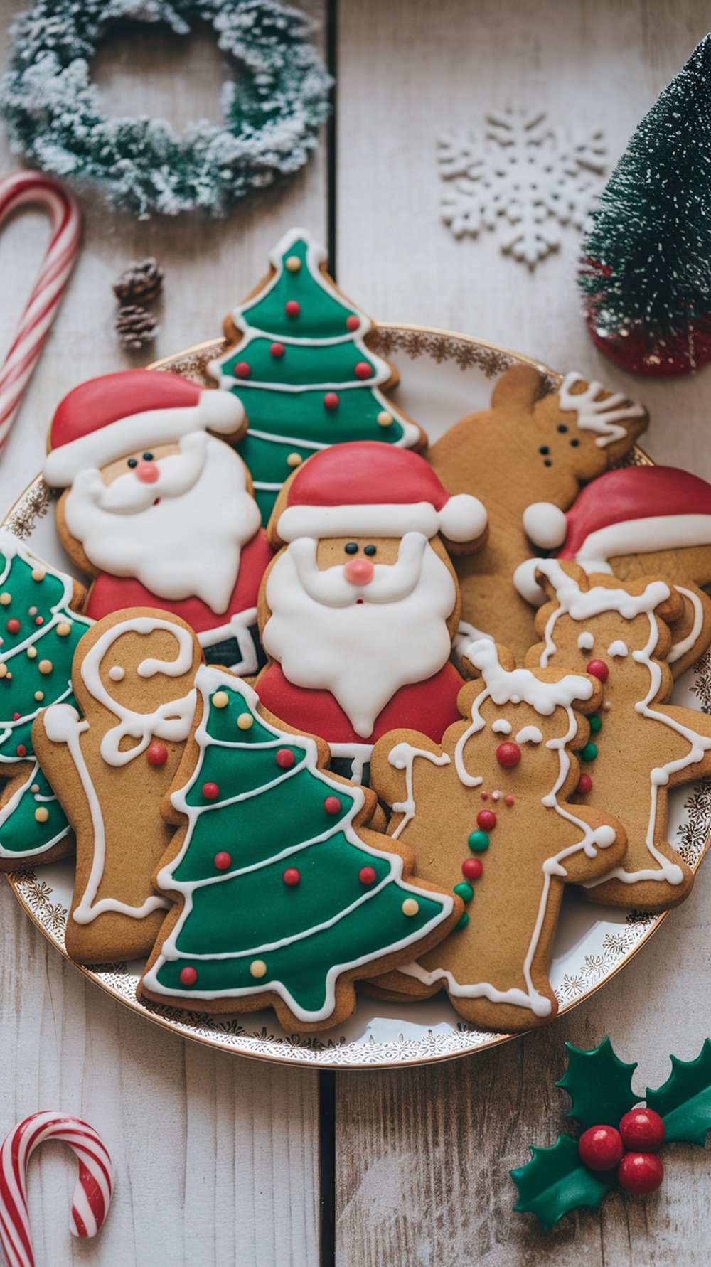 A plate of decorated gingerbread cookies including Santa, Christmas trees, and gingerbread men, surrounded by festive decorations.