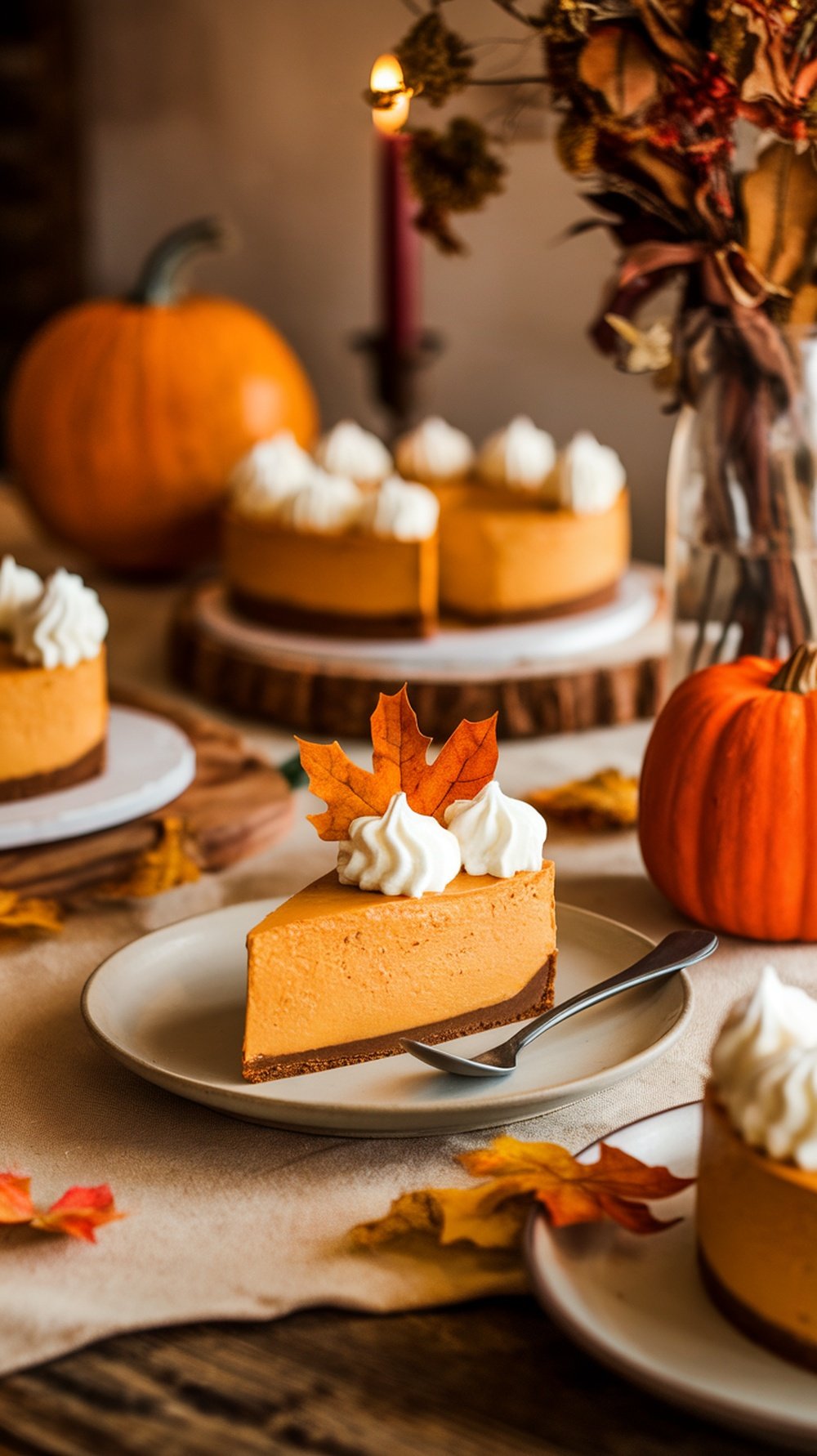 A slice of pumpkin spice cheesecake with whipped cream and an autumn leaf, surrounded by pumpkins and fall decorations.