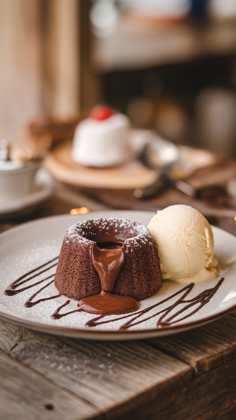 A warm chocolate lava cake with molten chocolate center, served with vanilla ice cream.
