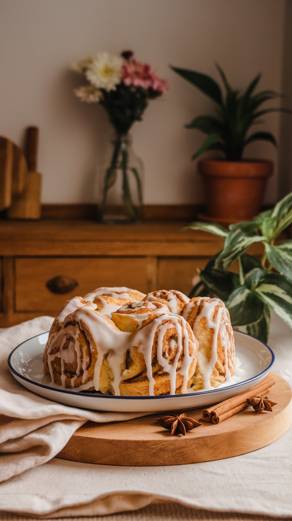 A delicious cinnamon roll bread pudding drizzled with icing, presented on a wooden board with cinnamon sticks and flowers in the background.