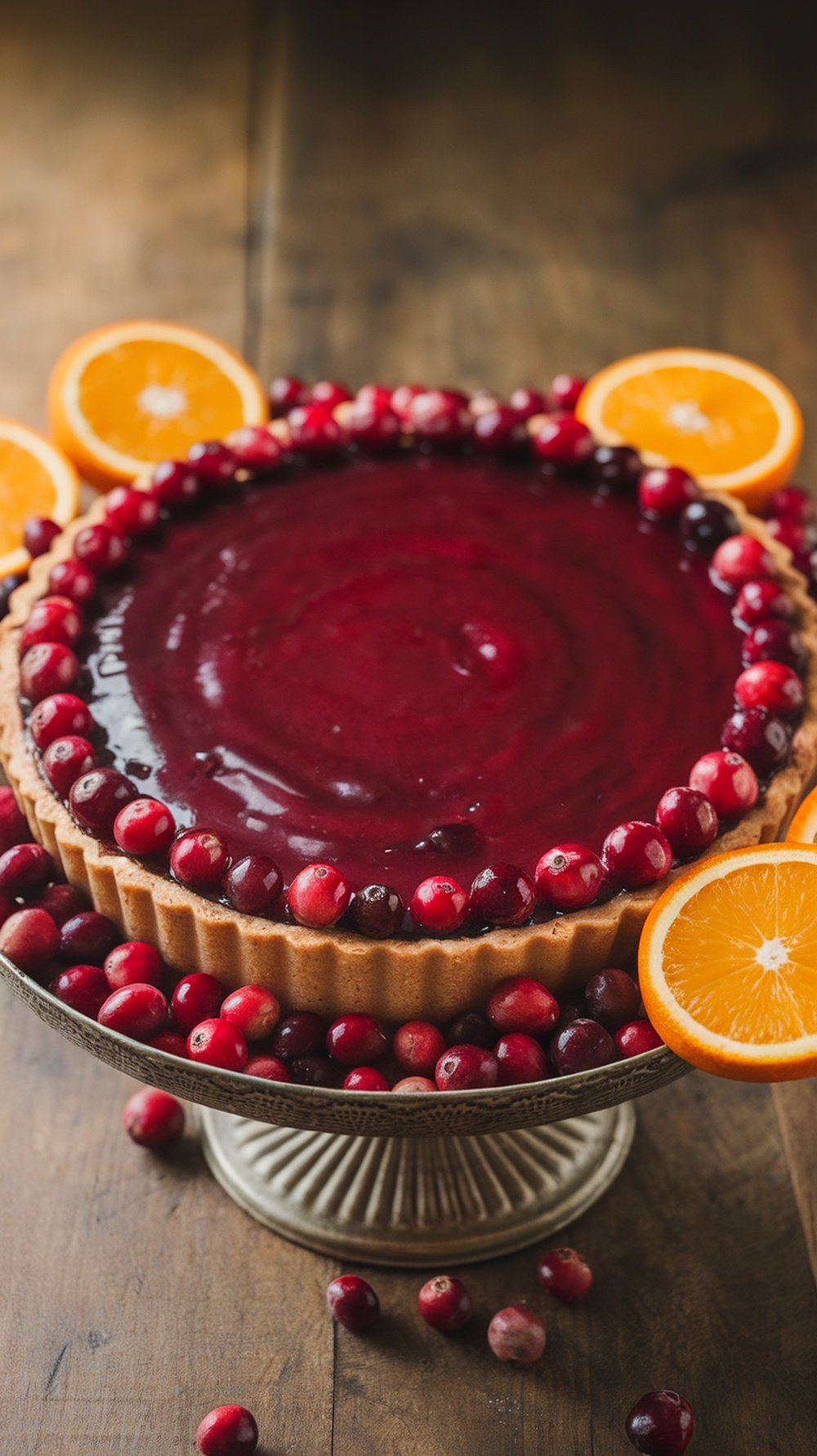 A cranberry orange tart garnished with fresh cranberries and orange slices on a decorative stand.