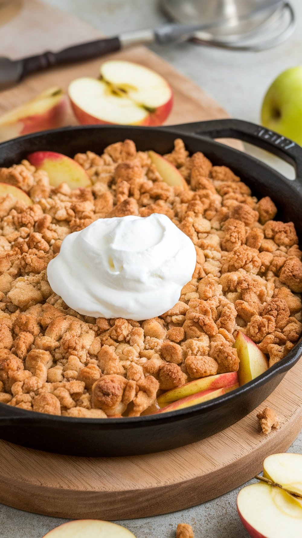 A warm spiced apple crisp topped with whipped cream in a cast-iron skillet, surrounded by fresh apple slices.