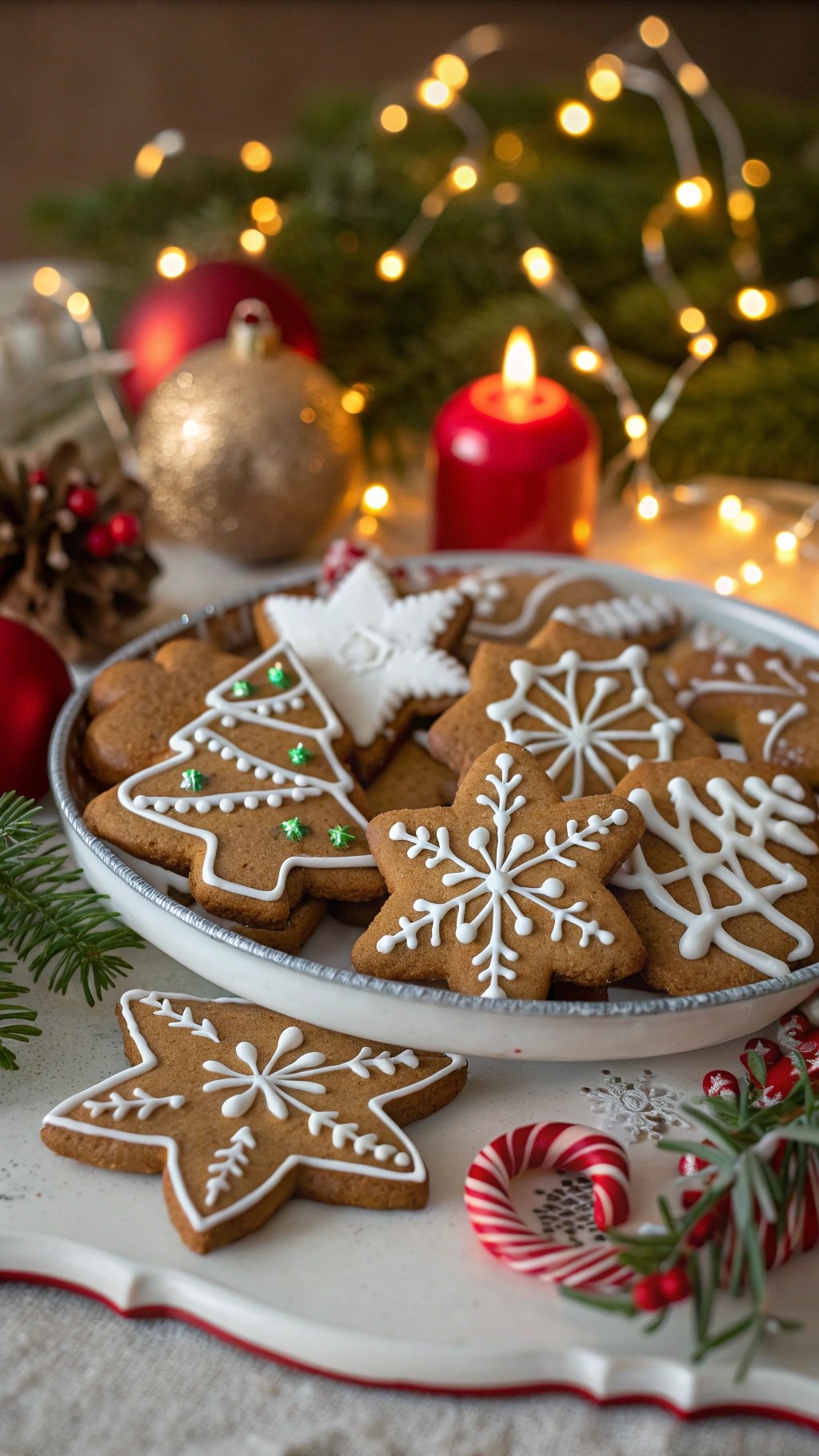 A plate of beautifully decorated gingerbread cookies in festive shapes, surrounded by holiday decorations.