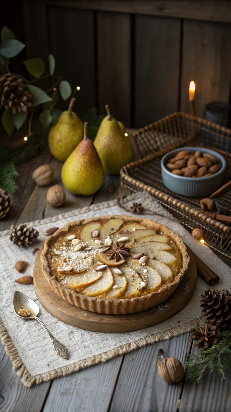 A spiced pear and almond tart on a wooden table, surrounded by pears, nuts, and pinecones.
