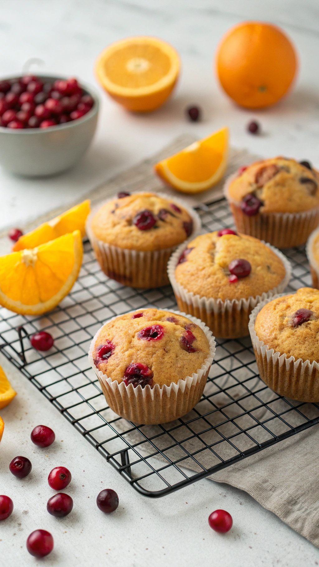 Freshly baked cranberry orange muffins on a cooling rack with orange slices and cranberries around them.