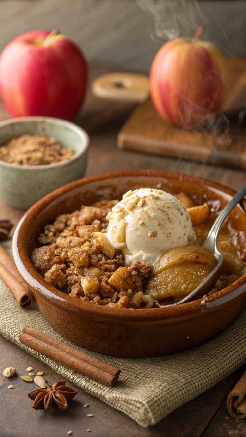 A bowl of apple crisp topped with ice cream, surrounded by apples and cinnamon sticks.