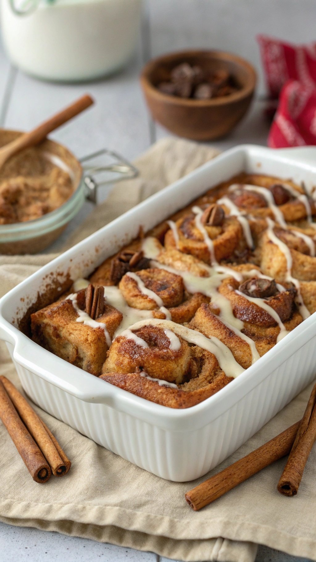 A dish of cinnamon roll bread pudding topped with icing and pecans, served with cinnamon sticks.