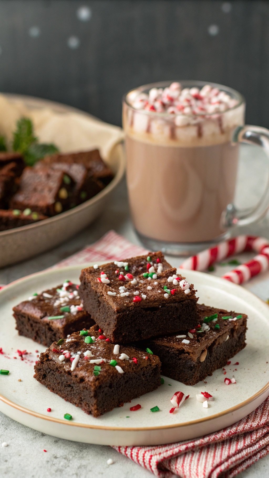 A plate of chocolate peppermint brownies with festive sprinkles, next to a mug of hot chocolate topped with whipped cream and peppermint bits.