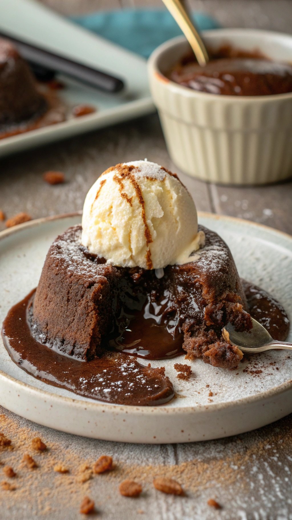 A hot chocolate lava cake with a scoop of vanilla ice cream on top, served on a plate with chocolate sauce.
