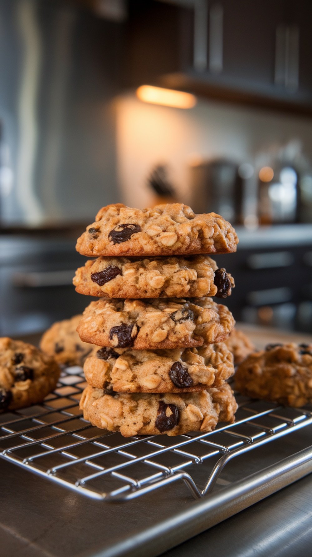 A stack of oatmeal raisin cookies on a wire rack in a cozy kitchen setting.