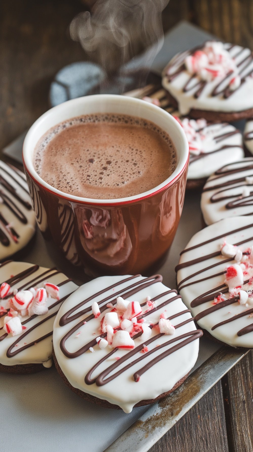 A cozy scene featuring Peppermint Mocha Cookies next to a steaming cup of hot chocolate.