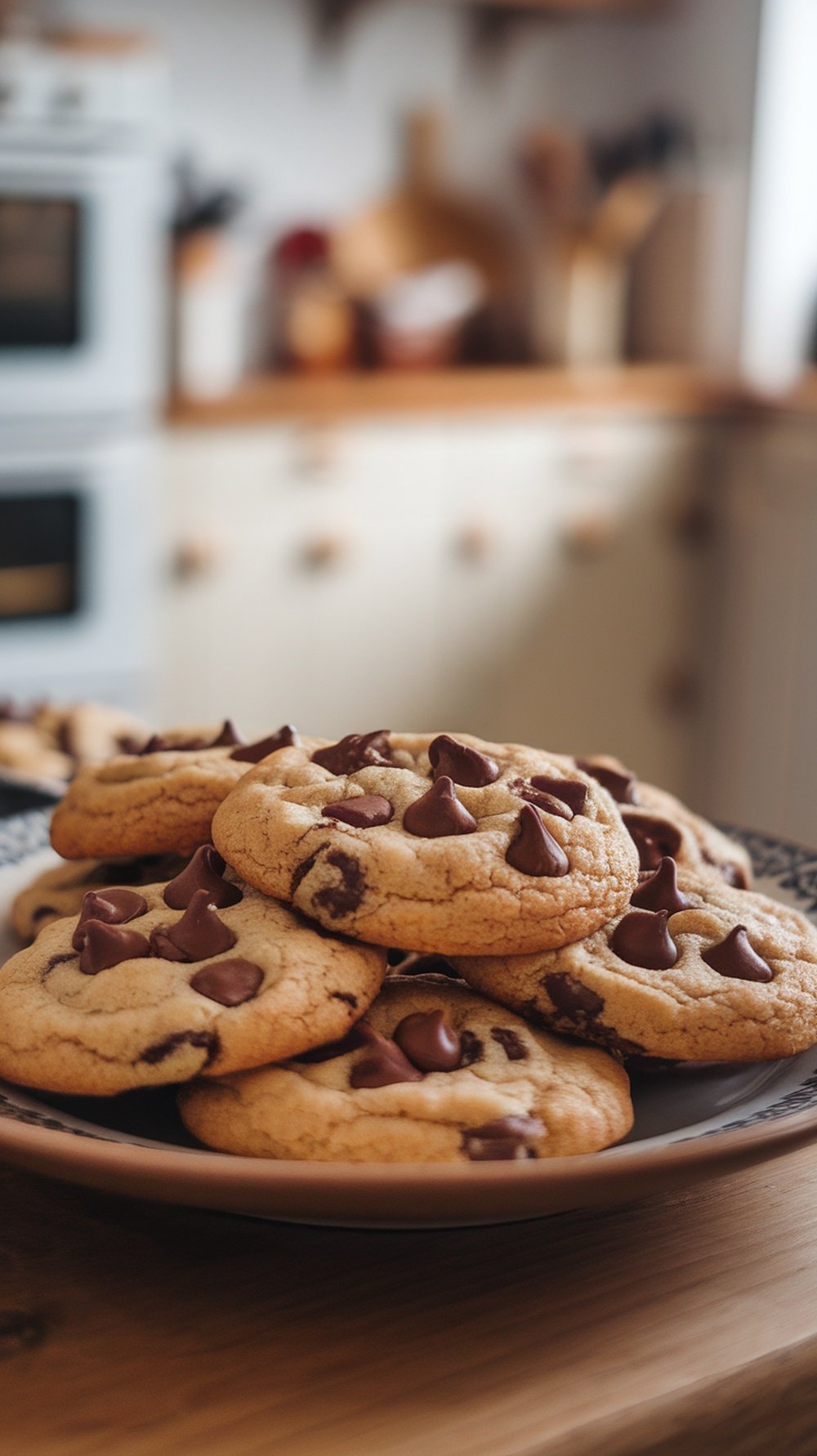 A plate of freshly baked chocolate chip cookies on a wooden table, with a cozy kitchen in the background.