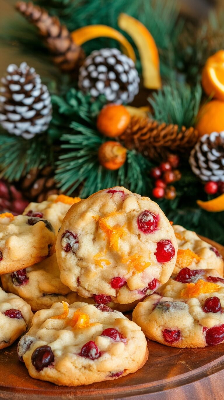 A plate of cranberry orange cookies with festive decorations in the background.