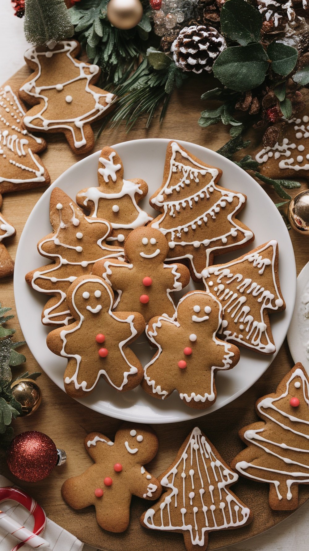 A plate of decorated spiced gingerbread cookies shaped like Christmas trees and gingerbread men, surrounded by festive decorations.
