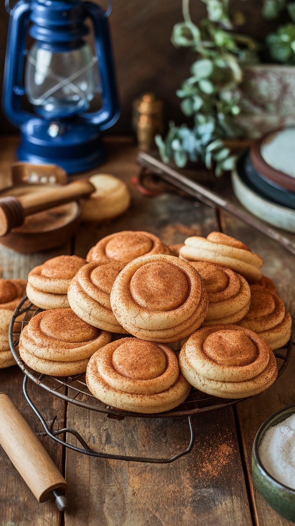 A plate of soft and chewy snickerdoodle cookies with a rustic background, featuring a rolling pin and a bowl of sugar.