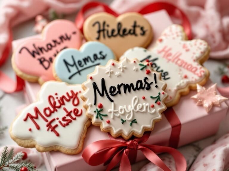 A collection of personalized sugar cookies with names and festive designs, beautifully arranged on a pink box.