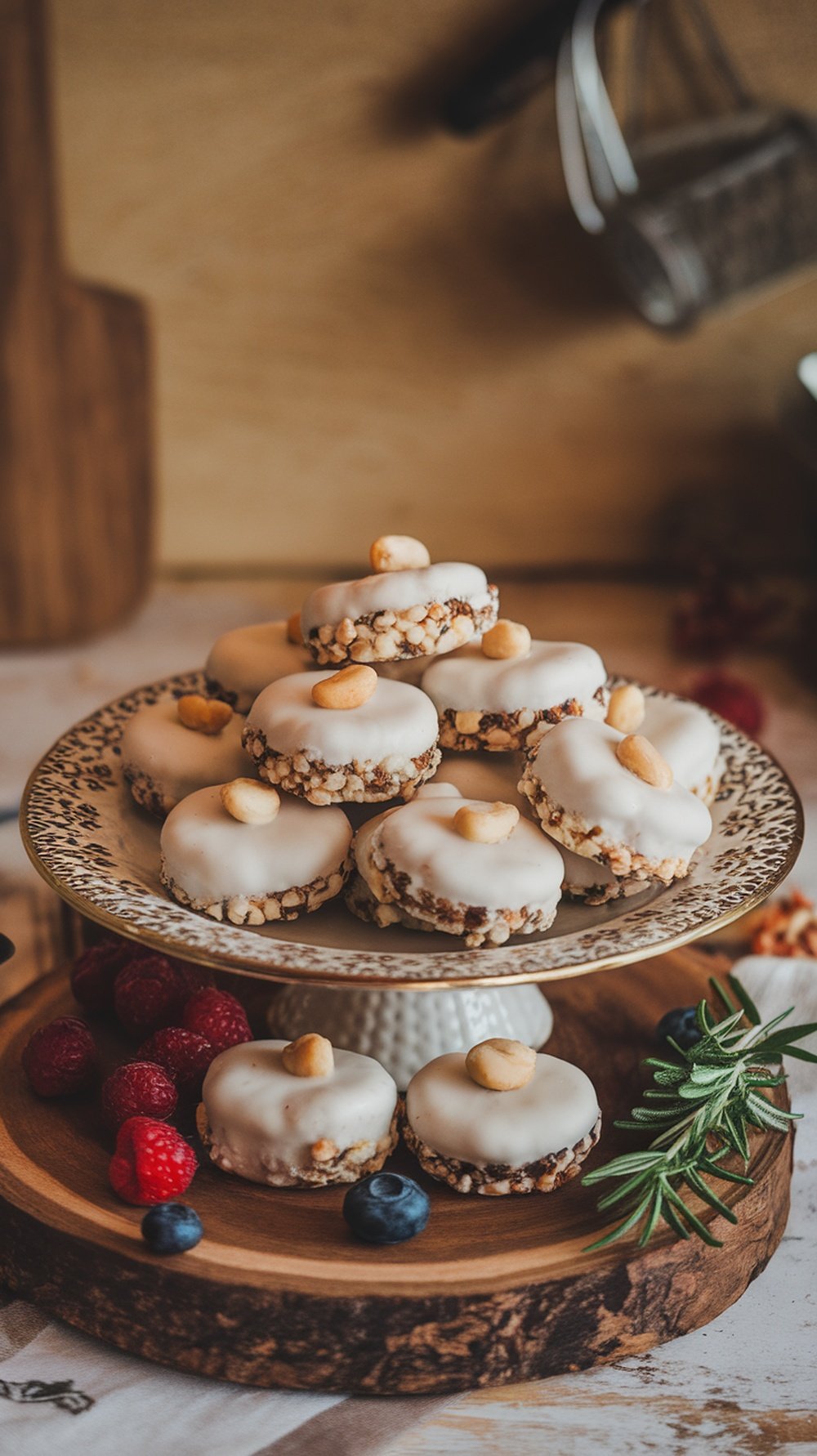 A plate of white chocolate macadamia nut cookies with fresh berries and rosemary.