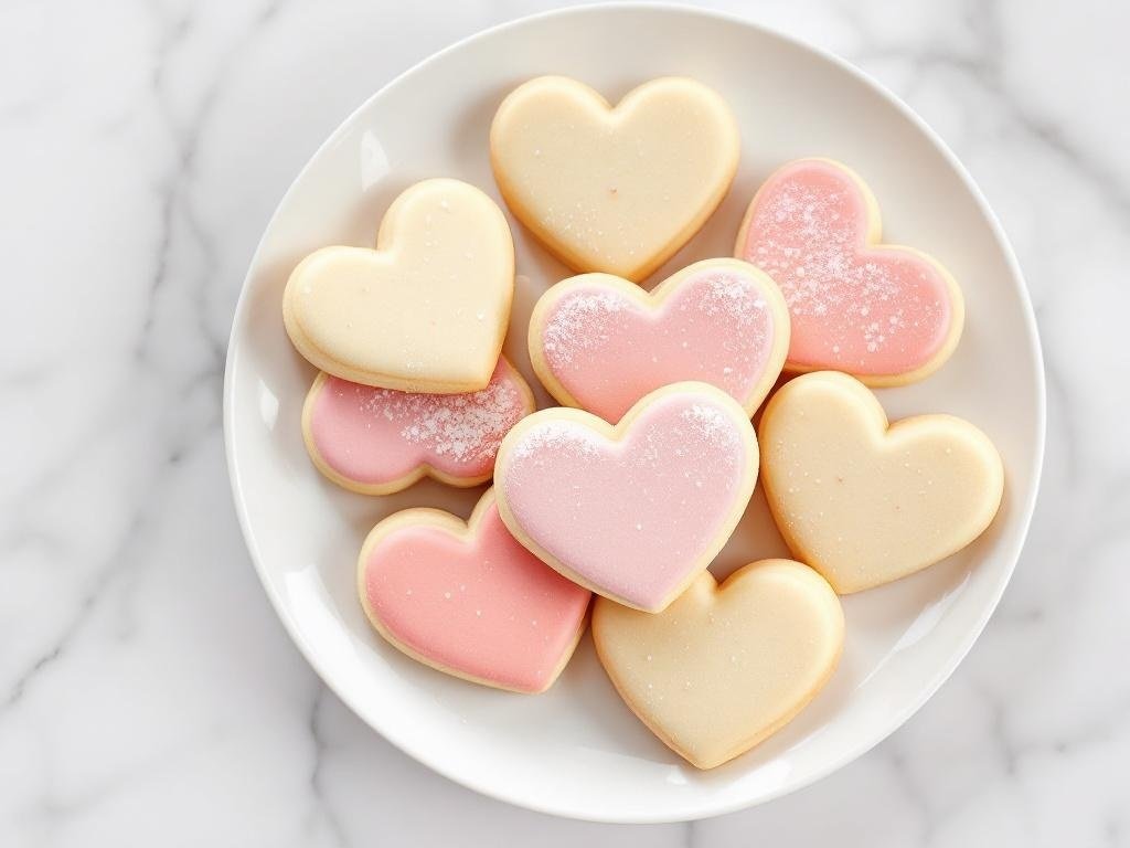 A plate of heart-shaped sugar cookies in pink and cream colors, perfect for Valentine's Day.