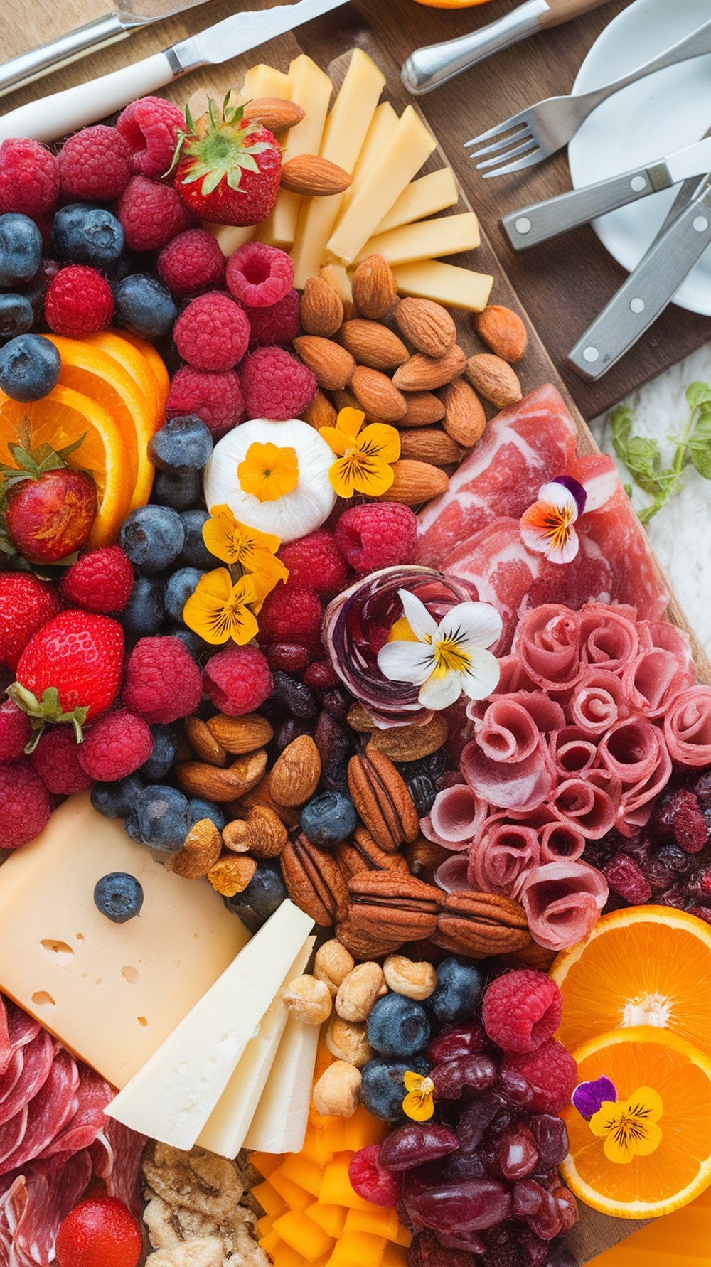 A colorful charcuterie board featuring fruits like strawberries, blueberries, and oranges, along with nuts and edible flowers.