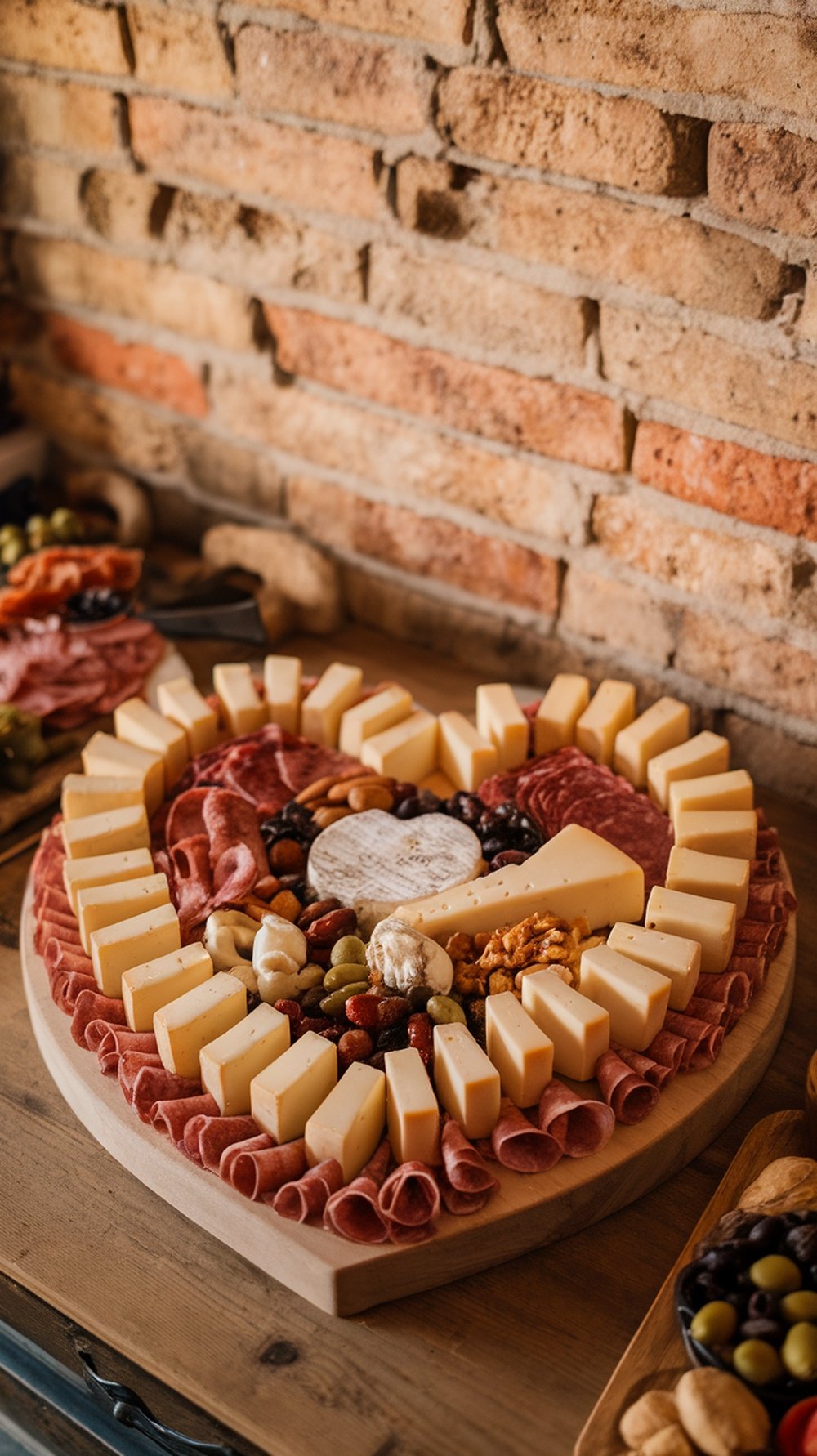 A heart-shaped charcuterie board featuring various cheeses, cured meats, and nuts.