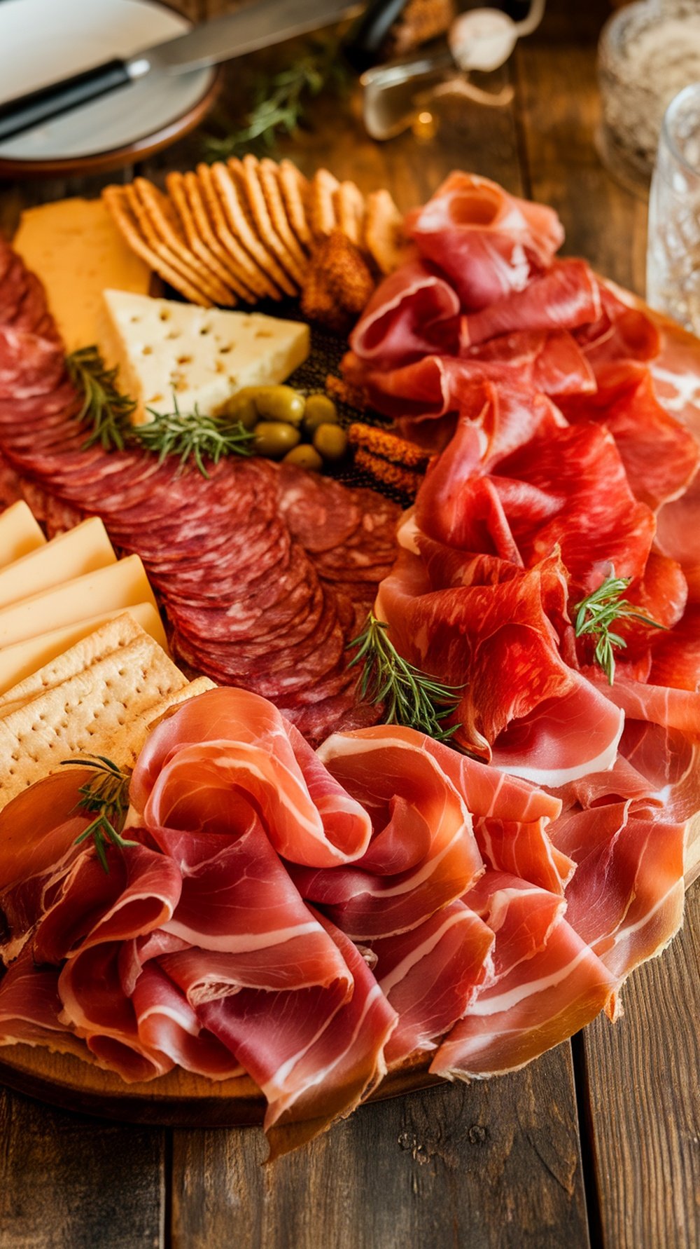 A beautifully arranged charcuterie board featuring various savory meats, cheeses, and crackers.