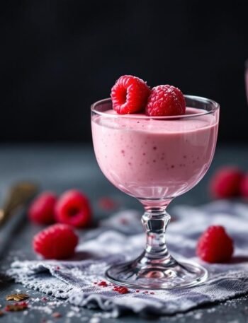 Raspberry mousse served in elegant glasses with fresh raspberries on top