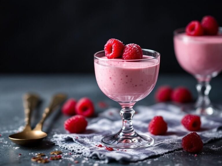 Raspberry mousse served in elegant glasses with fresh raspberries on top