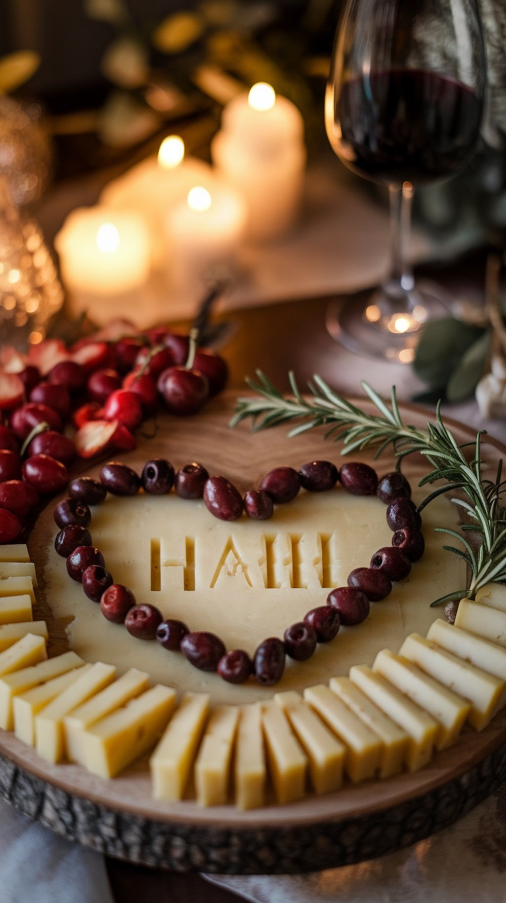 A heart-shaped charcuterie board with cheese, olives, and cherries, set against a romantic backdrop.