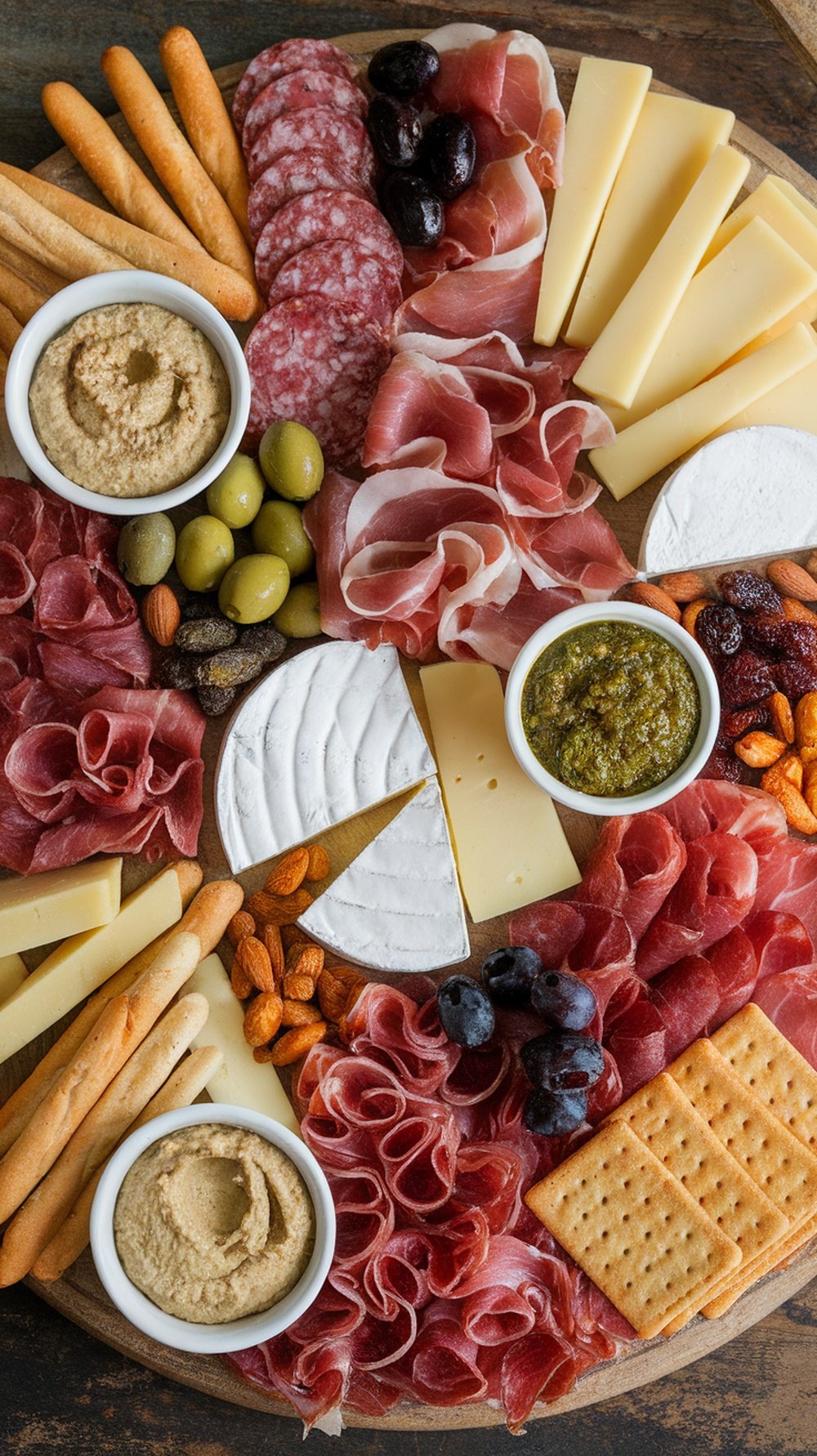 A Valentine's Day charcuterie board featuring various meats, cheeses, and dips.