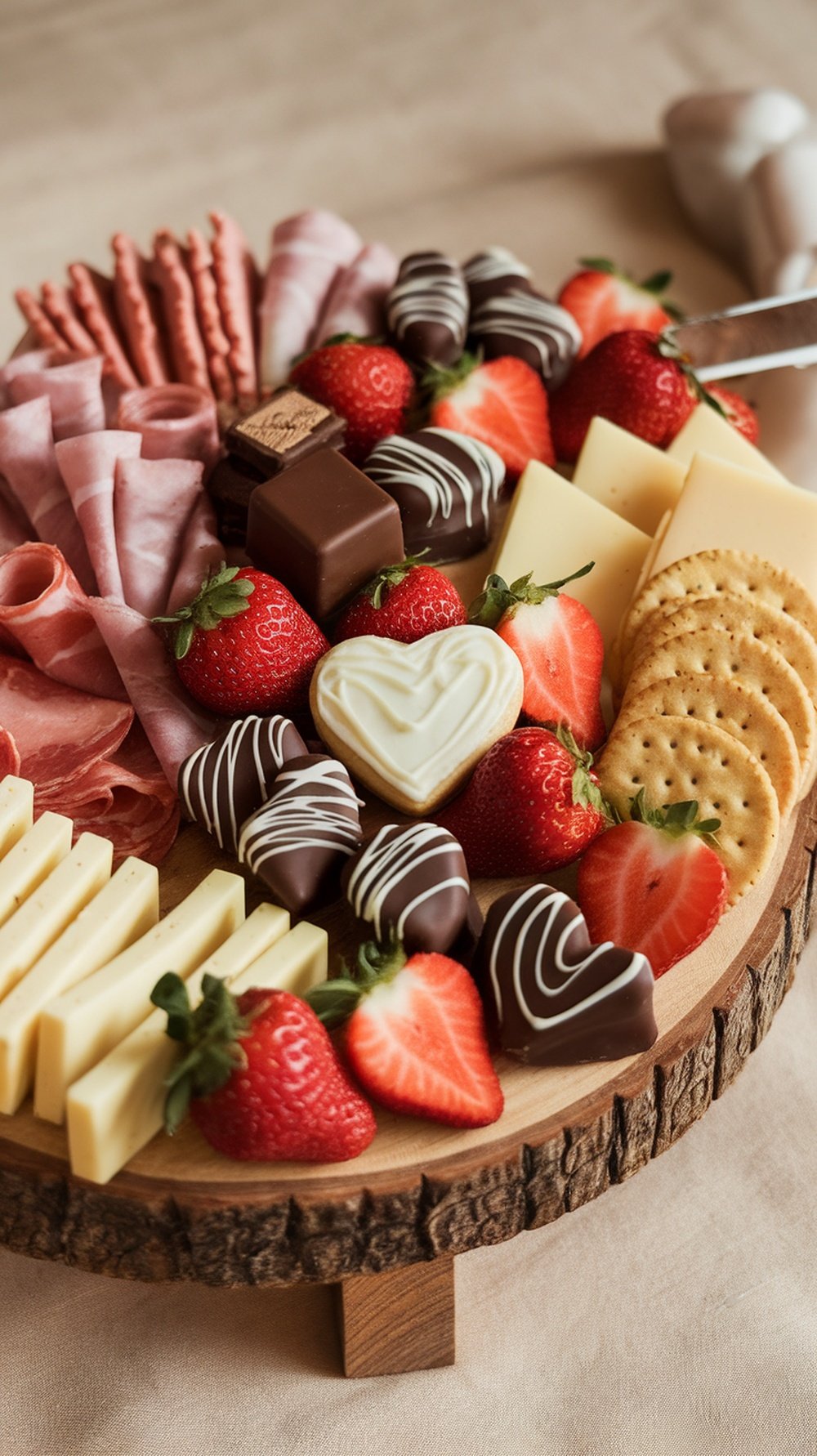 A Valentine's Day charcuterie board featuring strawberries, chocolates, meats, cheeses, and heart-shaped cookies.