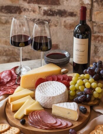 A charcuterie board with various cheeses, meats, fruits, and a bottle of red wine.