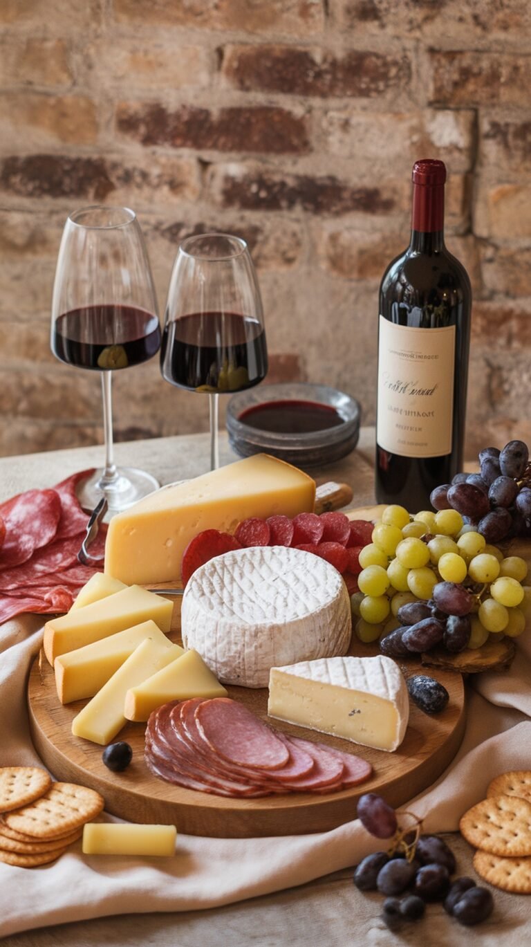A charcuterie board with various cheeses, meats, fruits, and a bottle of red wine.