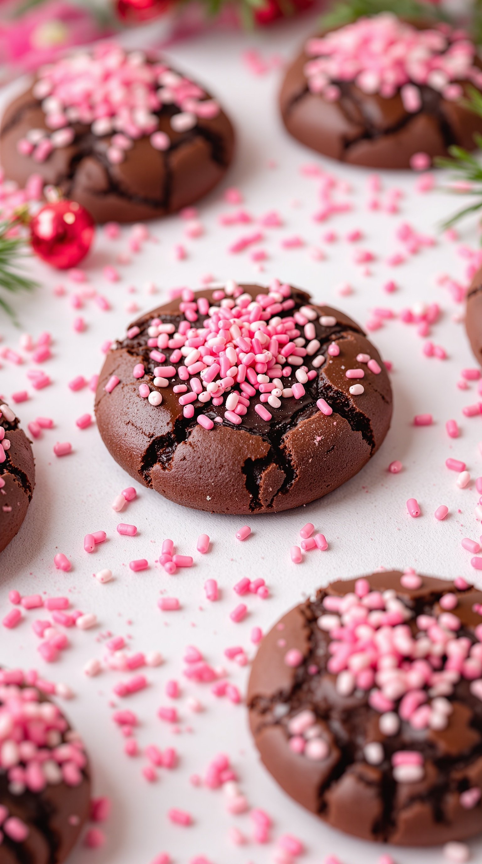 Chocolate sugar cookies decorated with pink sprinkles on a white surface