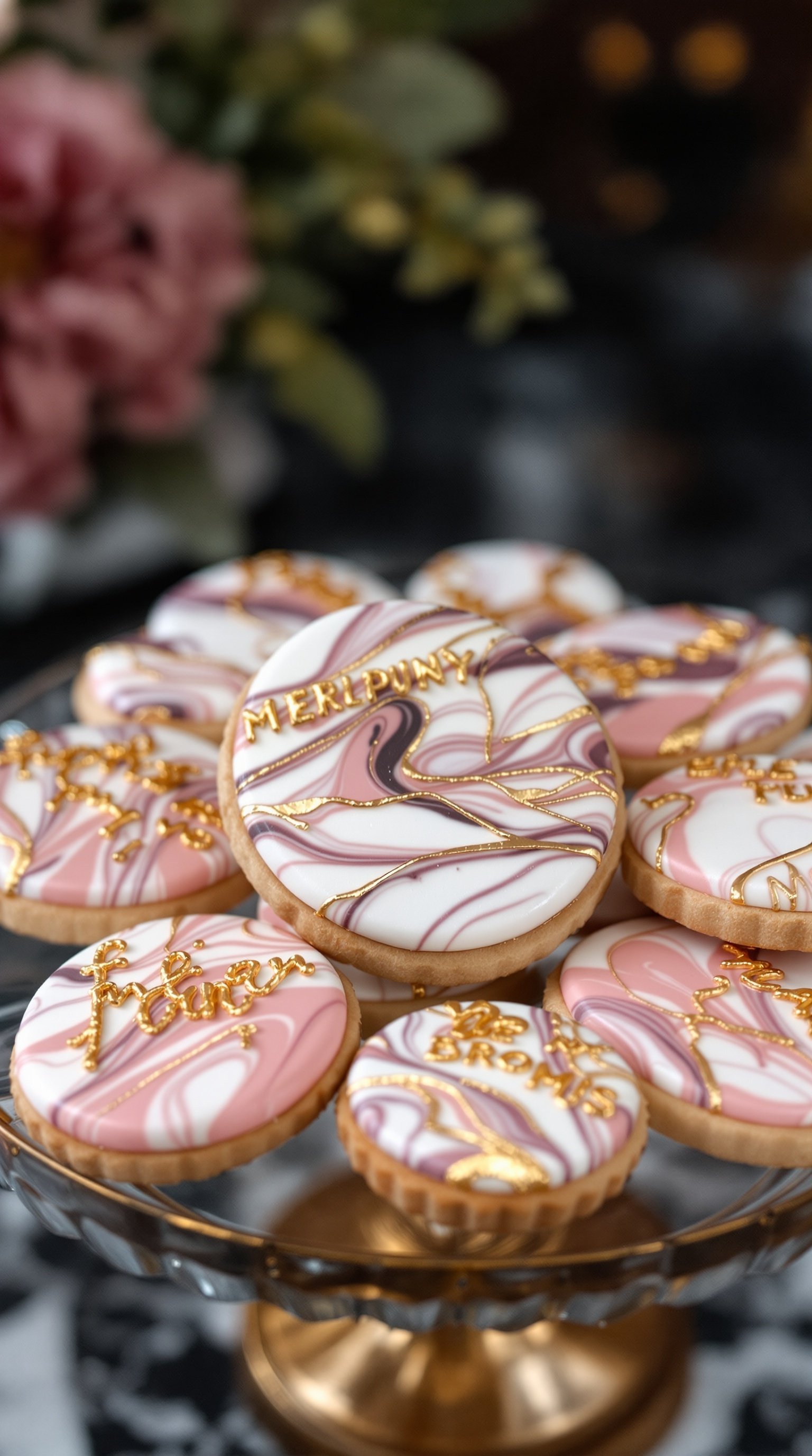A display of marbled fondant cookies with gold accents, featuring pink and white swirls and elegant lettering.