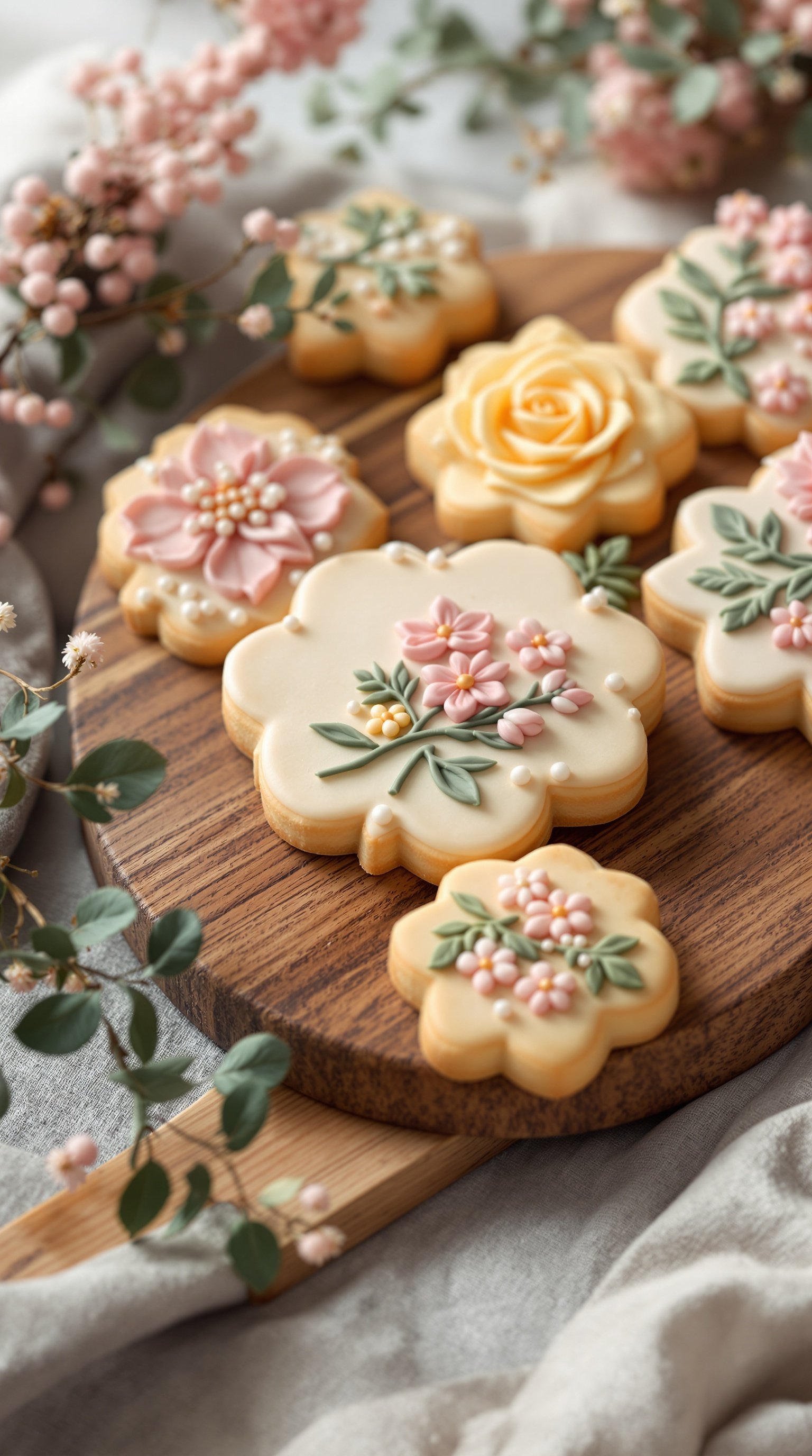 A selection of beautifully decorated floral shortbread cookies on a wooden board.